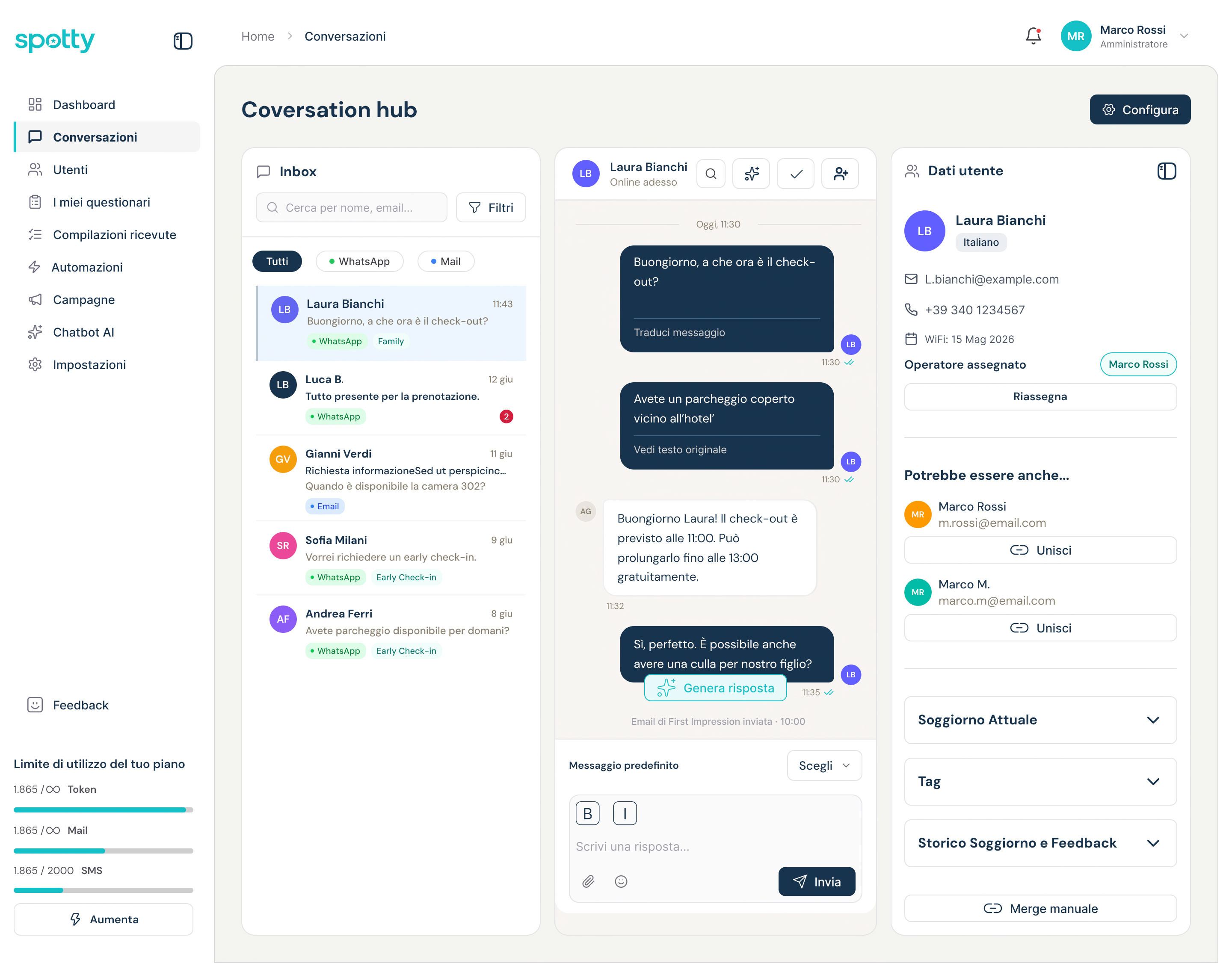 Conversation Hub Spotty: inbox, conversazioni e informazioni dell’ospite
